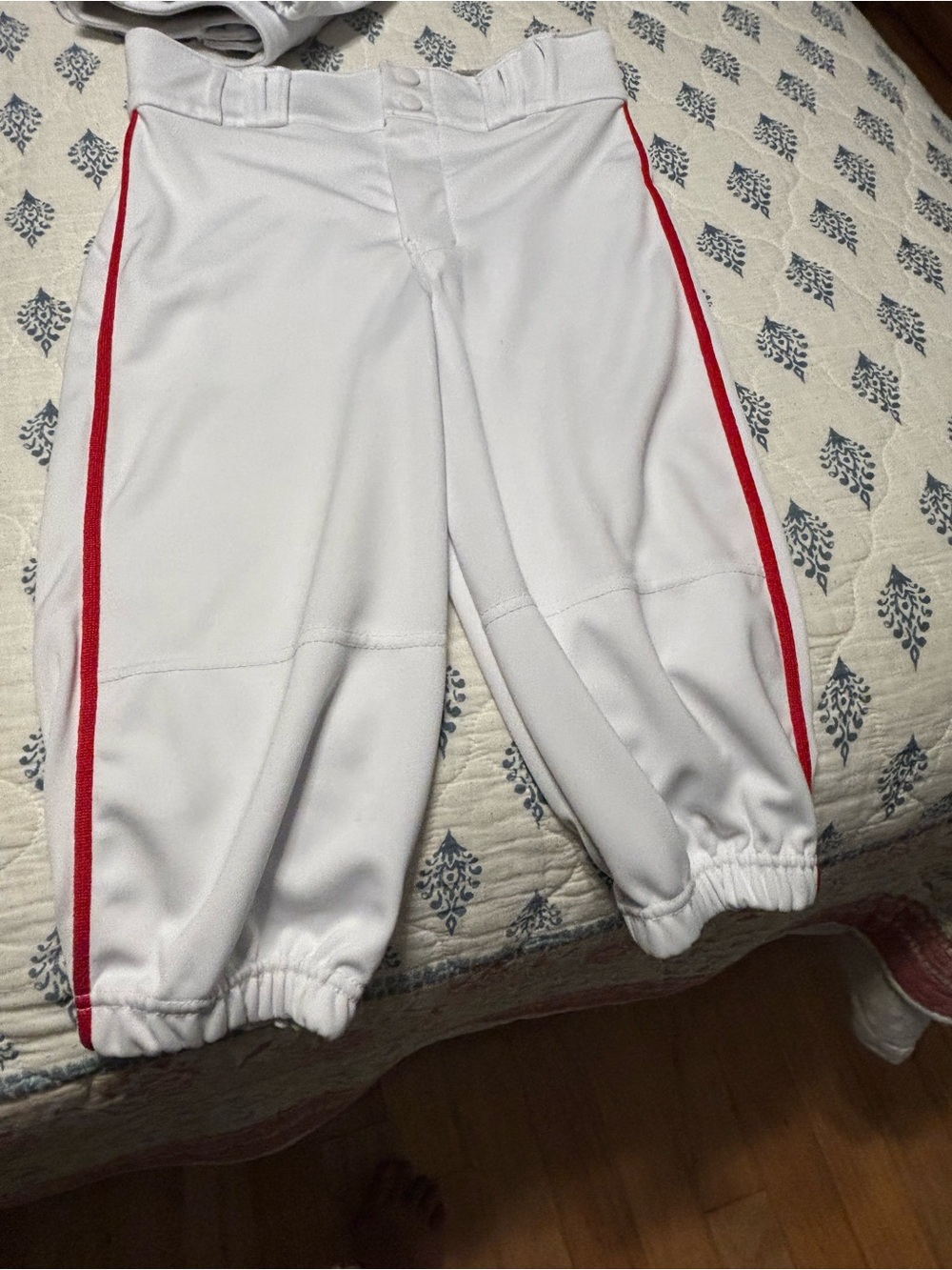 Kids White Baseball Pants with Red Side Stripe